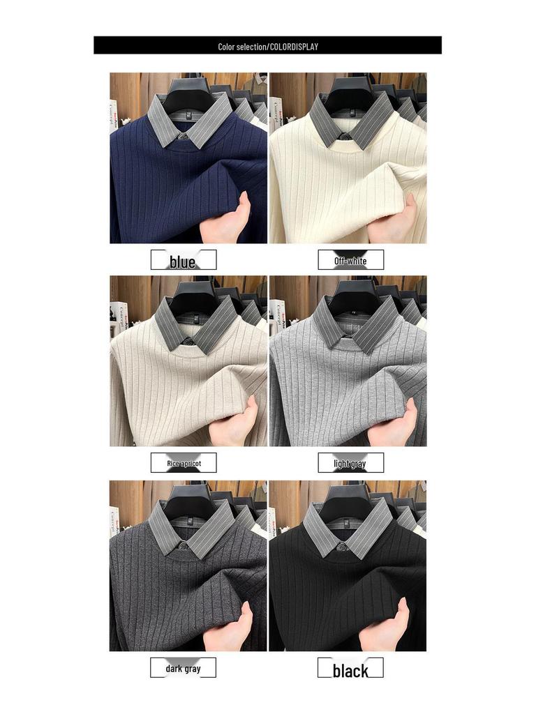 Men's Faux Two-Piece Autumn/Winter Knit Sweater with Shirt Collar - Casual Base Layer for Middle-Aged Dads