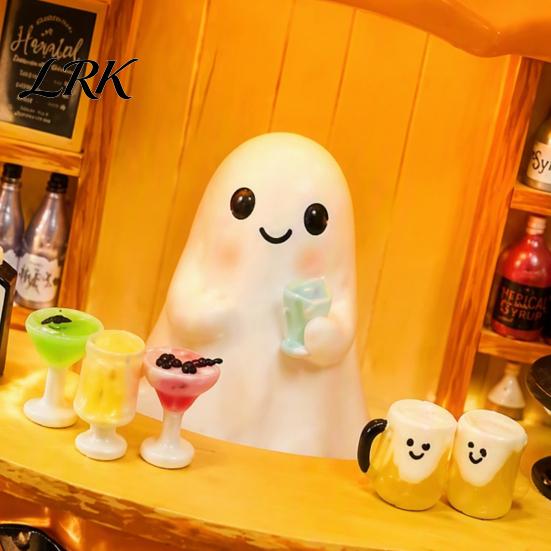 Miniature Ghost Bartender Figurine Pumpkin Figurine, Halloween Mini Bar Scene Coffee Atmosphere Light Decoration for Living Room, Entryway,