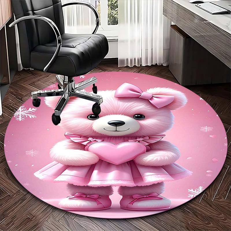 1pc Pink Teddy Bear with Heart Round Carpet - Anime Design, Office Chair Mat, Non-Slip Rug, Seasonal Gift, Suitable for Home Decor, Office Use, Living