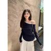 Korean Pure Desire 2025 Autumn New Product Splicing Lace Diagonal Collar Off-shoulder Slim-fitting Long-sleeved Top