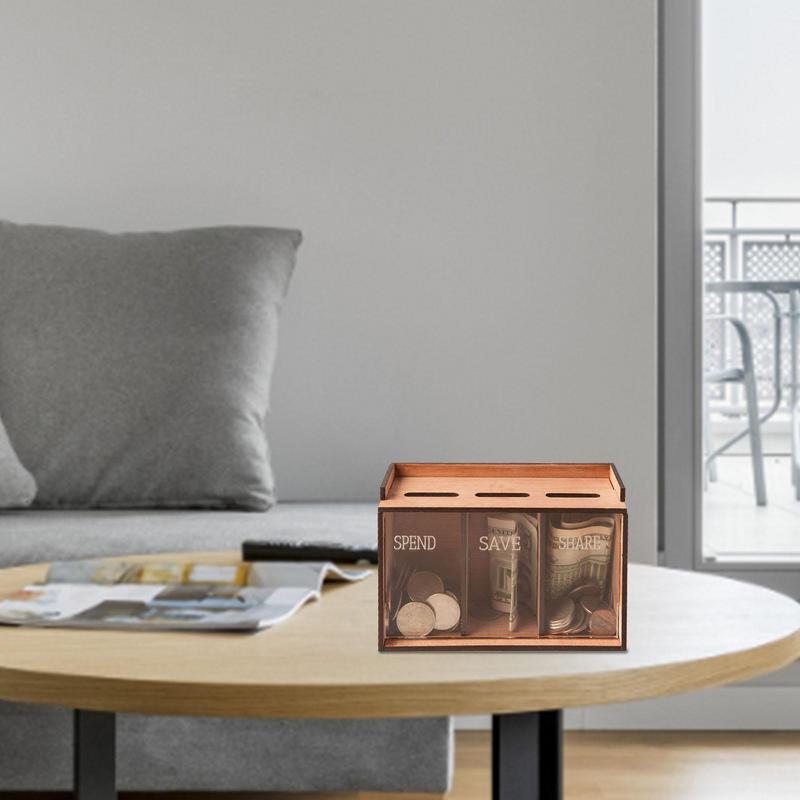 Salvadanaio 3 Scomparti Salvadanaio in Legno con Coperchio Rimovibile Organizzatore Portatile per Risparmio Salvadanaio