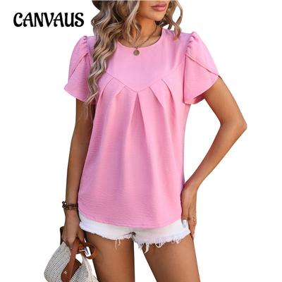 Sommar Dam T-shirt Casual V-ringad Chiffongskjorta Puffärm Temperament Kortärmad Topp