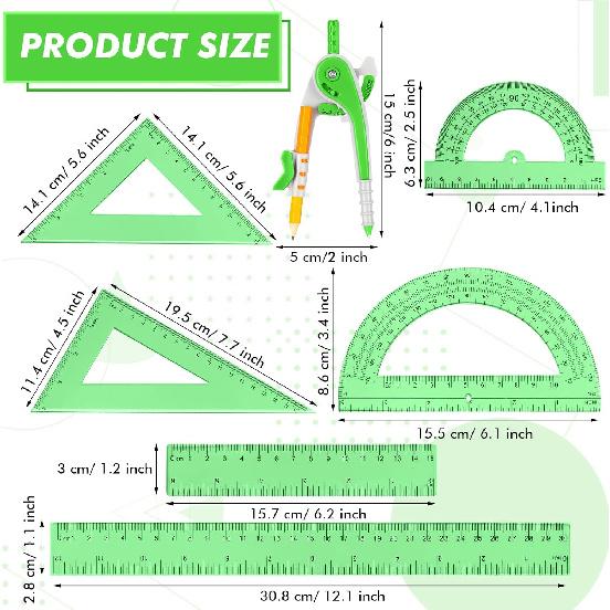 Zonon 1 Set Plastic Geometry Math Set 7 Pcs Includes 6'' / 4 '' Protractor, Drawing Compass, 45/60 Degree Triangle Rulers, 12'' / 6'' Math Ruler