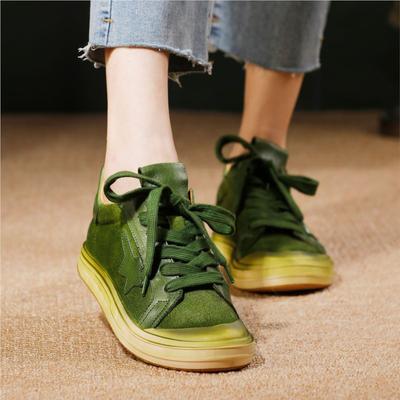 Chaussures polyvalentes pour femmes Cuir véritable Couleur unie Lacets Décontractées Cuir de vache Semelle souple Chaussures plates