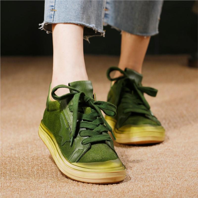 Johnature Versatile Women's Shoes Genuine Leather Solid Color Lace Up Casual Cowhide Soft Soled Flat Shoes