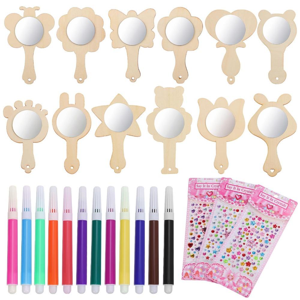 1 Set DIY Wooden Mirror Craft Unfinished with Paintbrushes Kids Decorate Mirrors Birthday Party Gift Princess Mirror Crafts