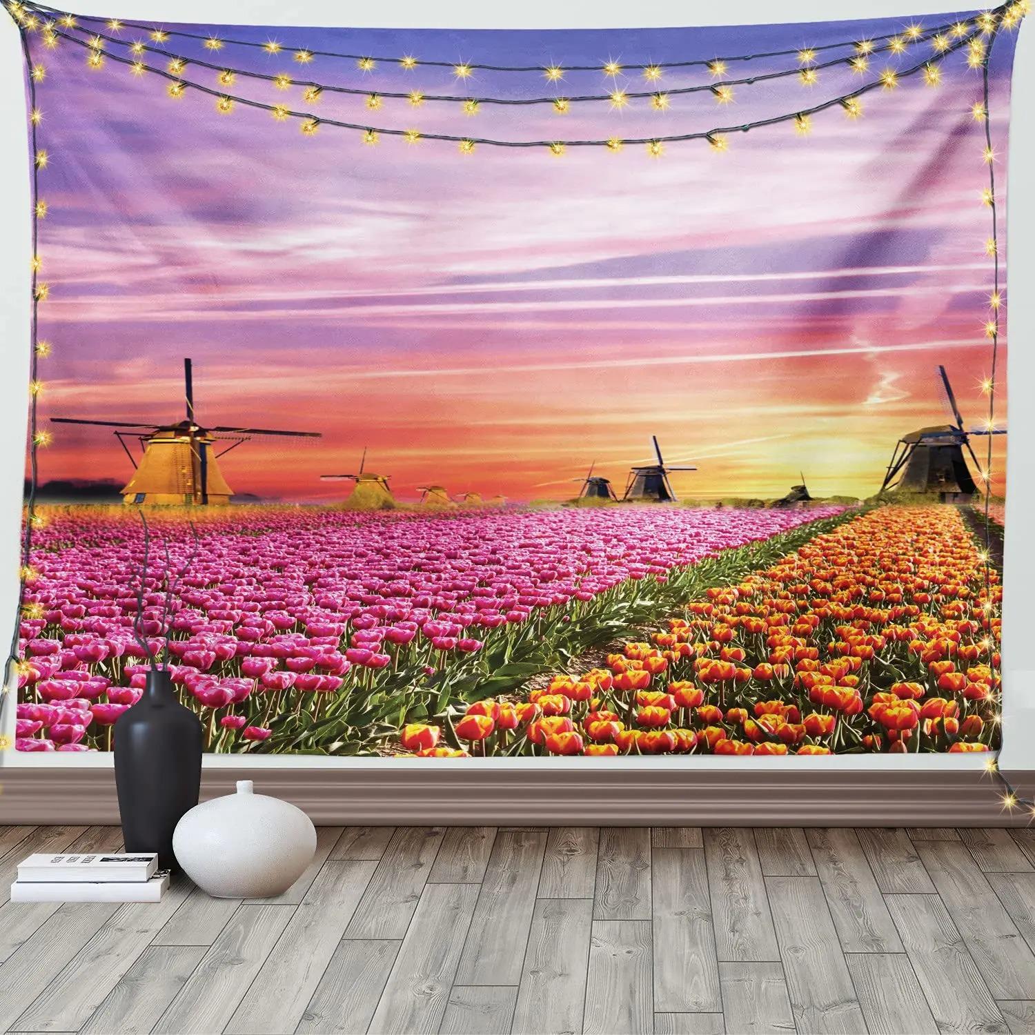 

Голландская мельница Тюльпан Цветочное поле Фон Ткань Офис Гостиная Гобелен Украшение стены Дома Гобелен 100x75cm