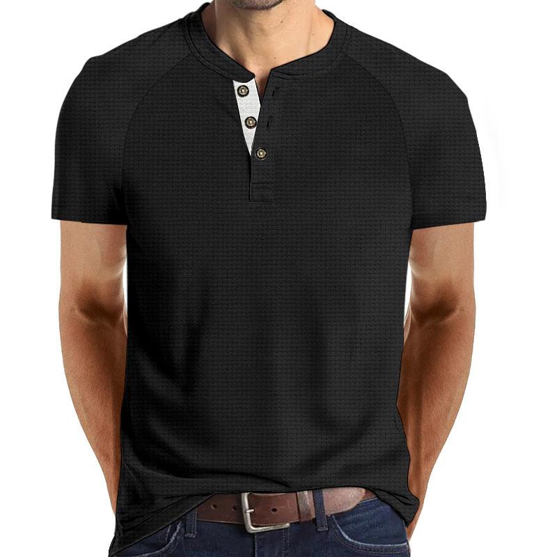 Summer New Men s Short-sleeved Round Neck Button Polo Fashion Versatile Tops S чёрный