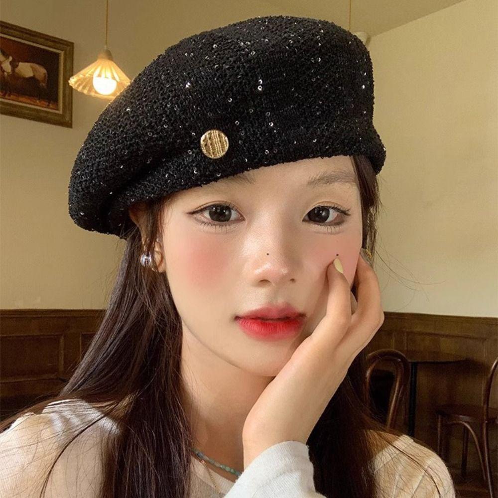 Hollowed Out Weave Hat Paillette Crochet Knitted Cap Elegant Sequin Beret Hat  Women