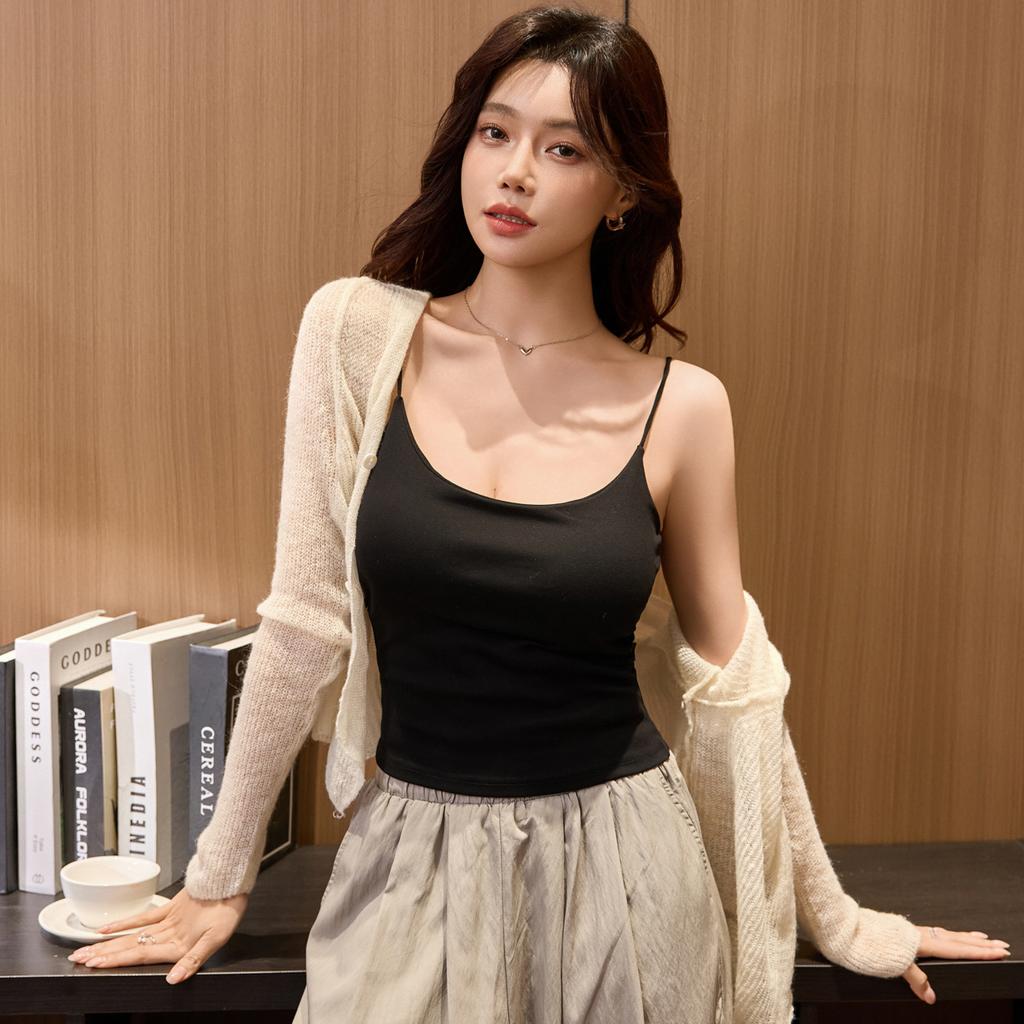 Pure Cotton One-piece Bra Pad Suspender Vest for Women's Summer New Style Sexy Outerwear Inside Slim Sleeveless Top