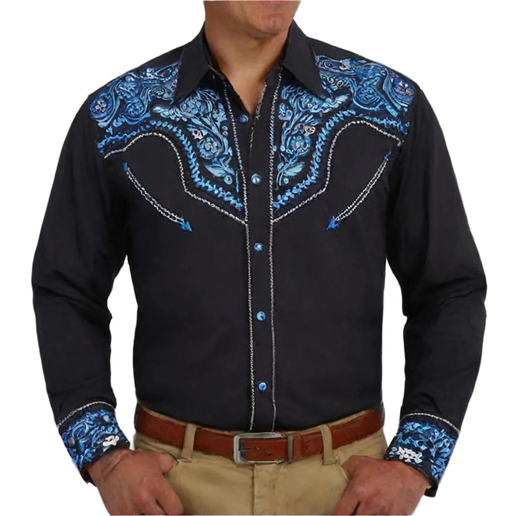 Men's Western Shirt Long Sleeve Embroidered Vintage Party Top with Decorative Pattern Fit Costume