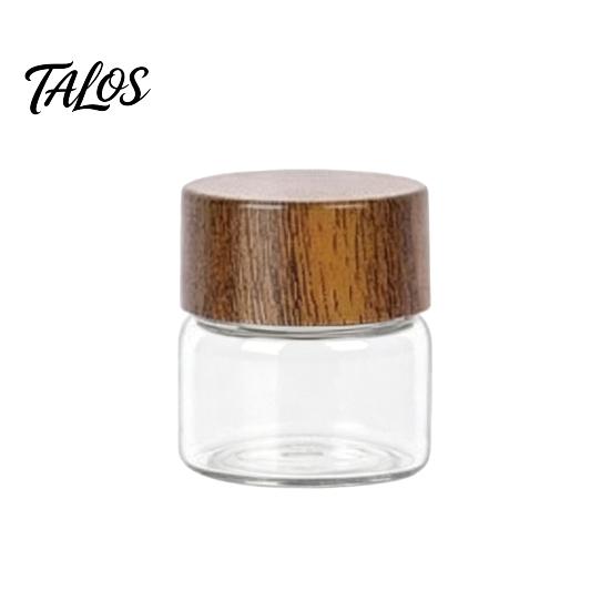 Talos Glass Mini Storage Jar, with Wood Lid, Moisture Proof Portable Small Container, for Coffee Beans Tea Sugar Spices Kitchen Organizer