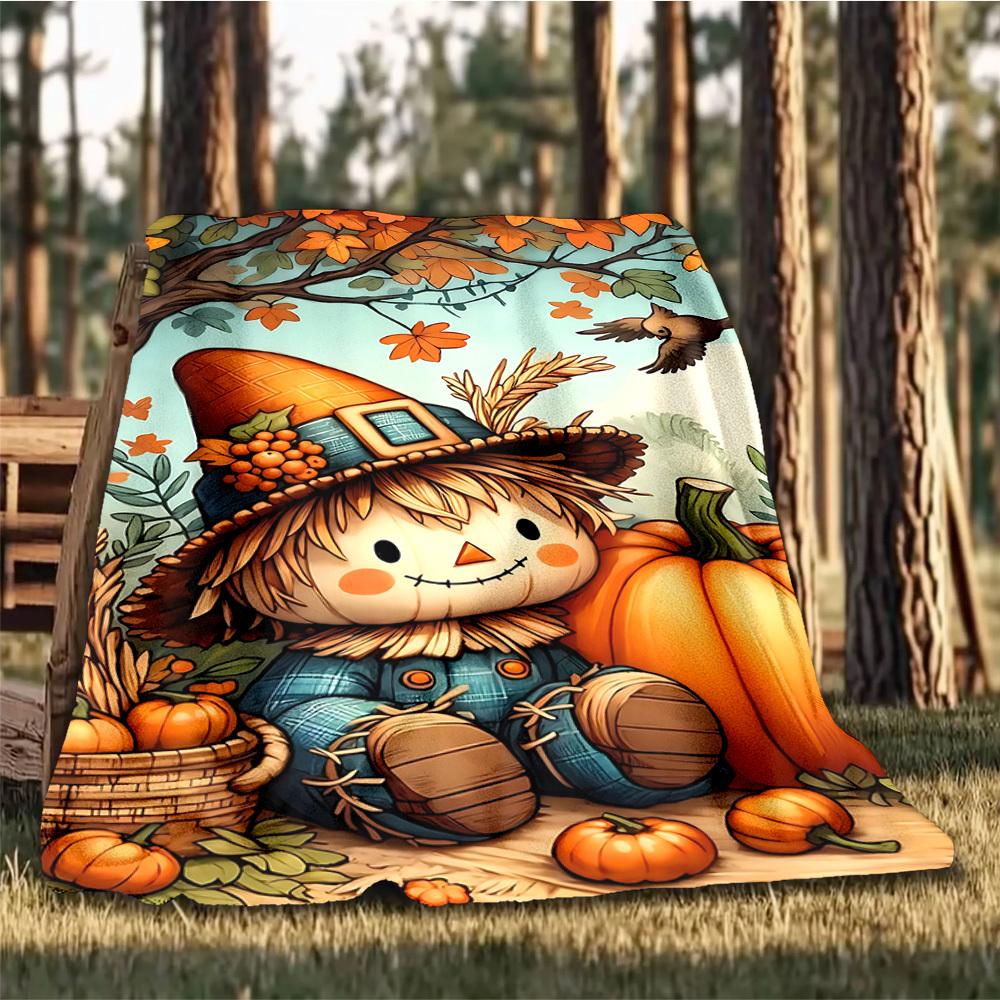 1pc Scarecrow, Pumpkin Throw Blanket Polyester Fiber, Lightweight Flannel, Soft & Warm, All Season Use for Outdoor, Camping Digital Print