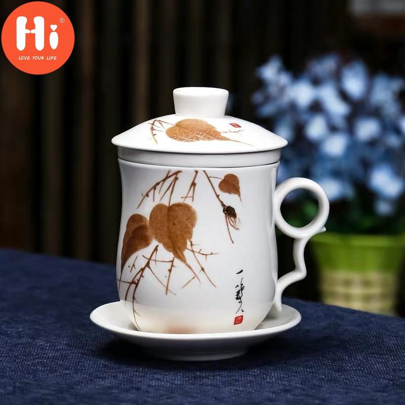 Hi Blue and White Porcelain Office Teacups with Lid Filter Creative Ceramic Hand-Painted Water Cups Household Drinkware Gifts