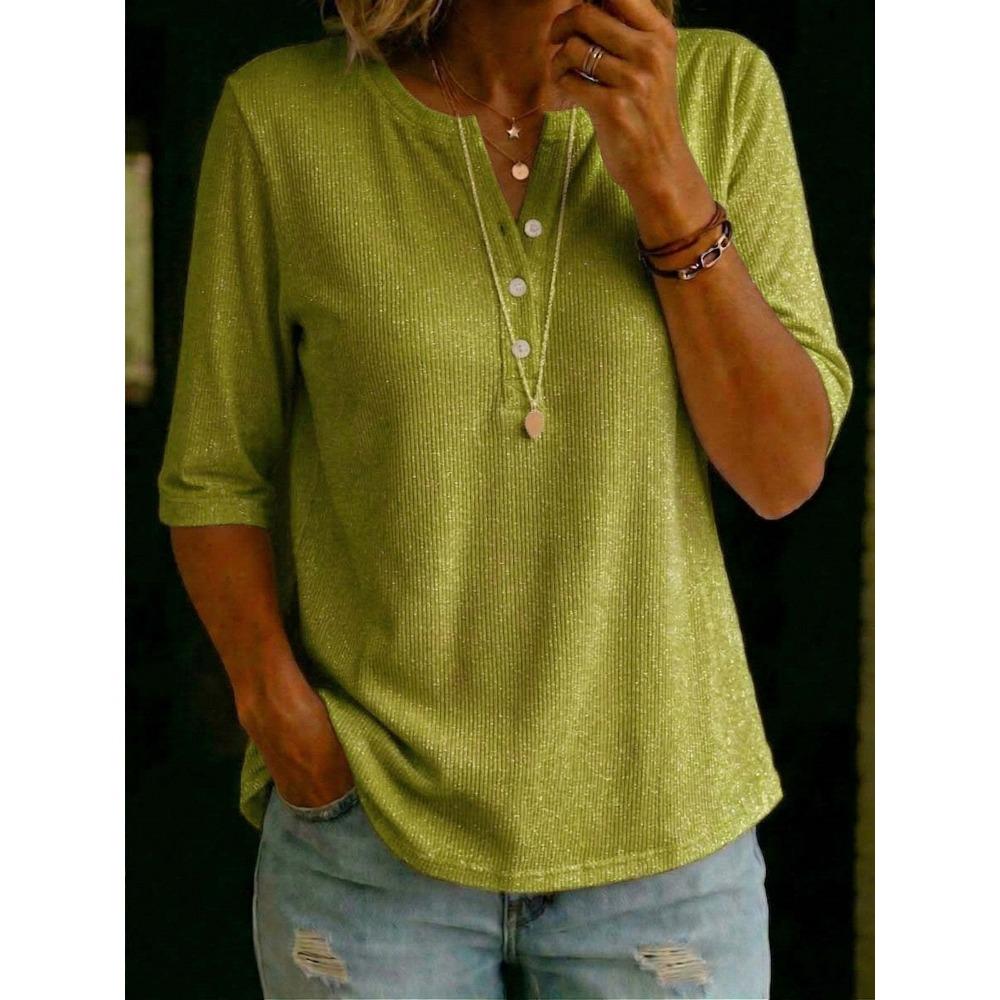 Damen Henley-Hemd mit V-Ausschnitt, Dreiviertelärm, locker, lässige Bluse