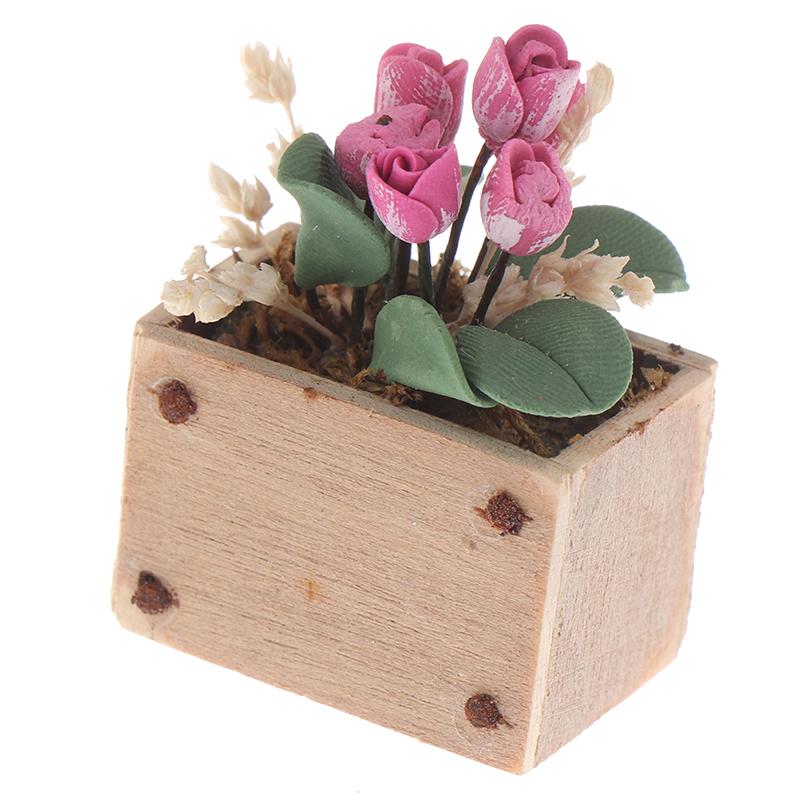 Dollhouse 1:12 Miniature Rose Tulip Hyacinths Sunflower Fruit Tree Potted Green Plant Flower Tree Plants Bonsai Model Home Decor