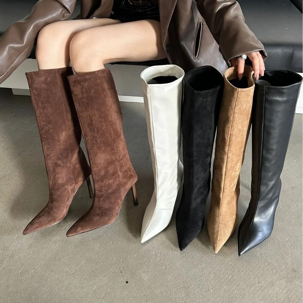 Pointed Toe Slim Fit Long Booties Women's Autumn Winter High Heel Suede Straight Leg Boot over Knee Boots Rubber Sole