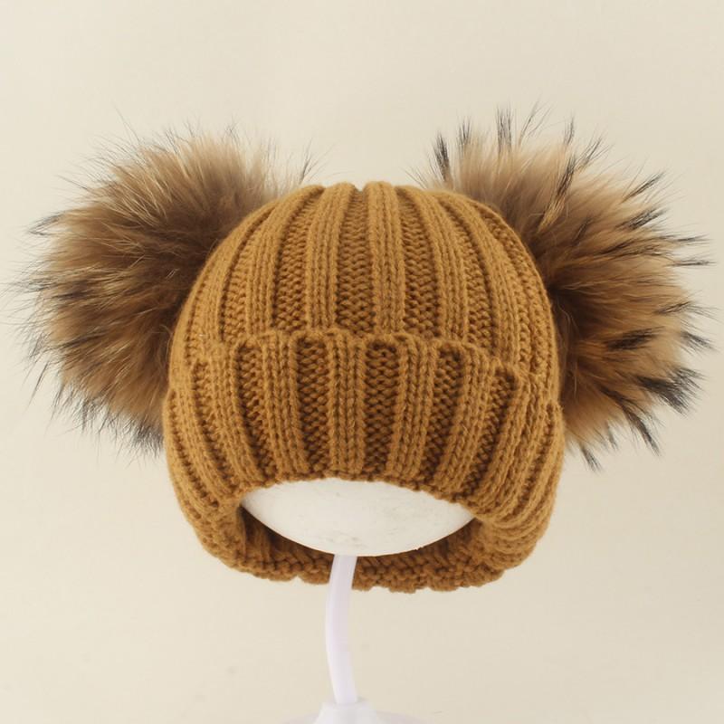 Kids Warm Knitted Beanie Hat With Double Pom Poms Striped Roll Edge Unisex Winter Cap Toddlers Children