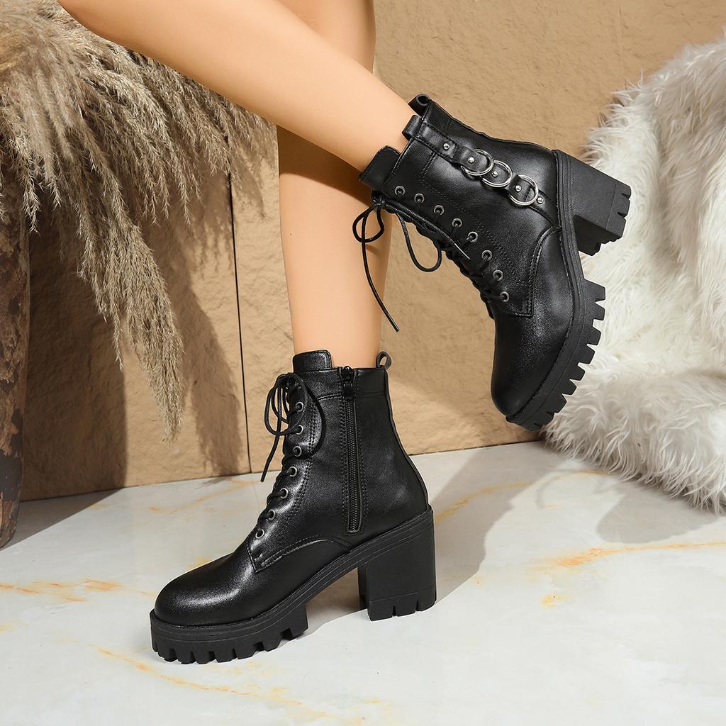 Winter Sexy Elegant Solid Color Round Toe Lace Up High-Heeled Short Boots Fashionable New Style Comfortable Casual Women'S Boots