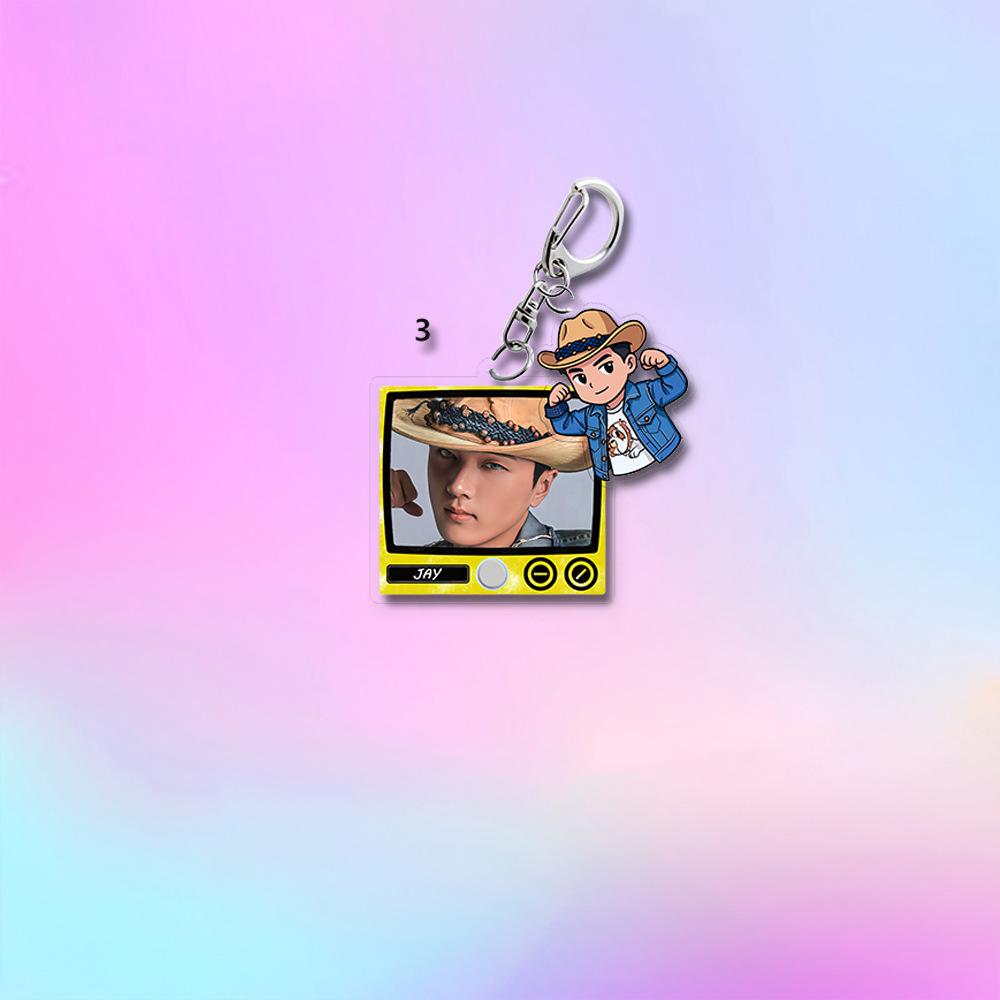 ENHYPEN Retro TV Frame Double Charms Keychain, Member Real Photo+Cowboy Cartoon Pendant, Kpop Engene Fans Collectible Bag Charm Key Ring Merchandise