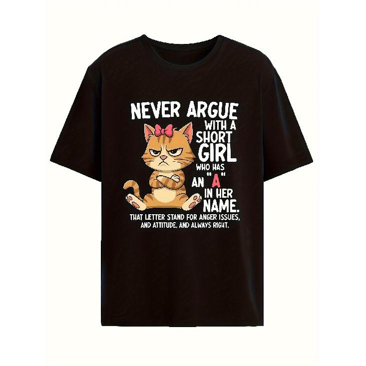 1pcMen S Funny Sassy Cat Never Argue with a Who Has an A in Her Name Saying T-Shirt - 220gsm Heavyweight Retro Loose Fit Short Sleeve Round Neck S чёрный