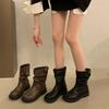 Fall New Block Heel Single Boots Women's Round Toe Sleeve Metal Belt Buckle Soft Sole Non-slip Mid-leg Boots