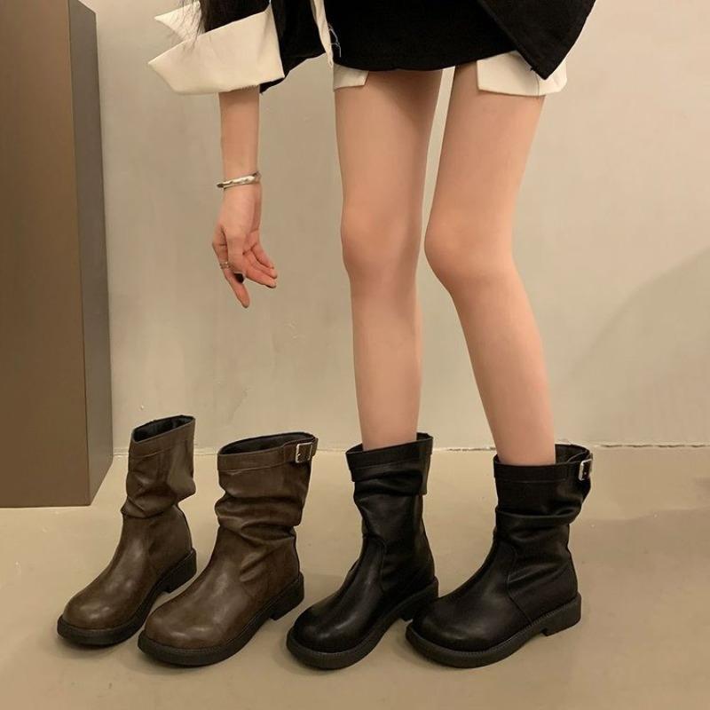 Fall New Block Heel Single Boots Women's Round Toe Sleeve Metal Belt Buckle Soft Sole Non-slip Mid-leg Boots