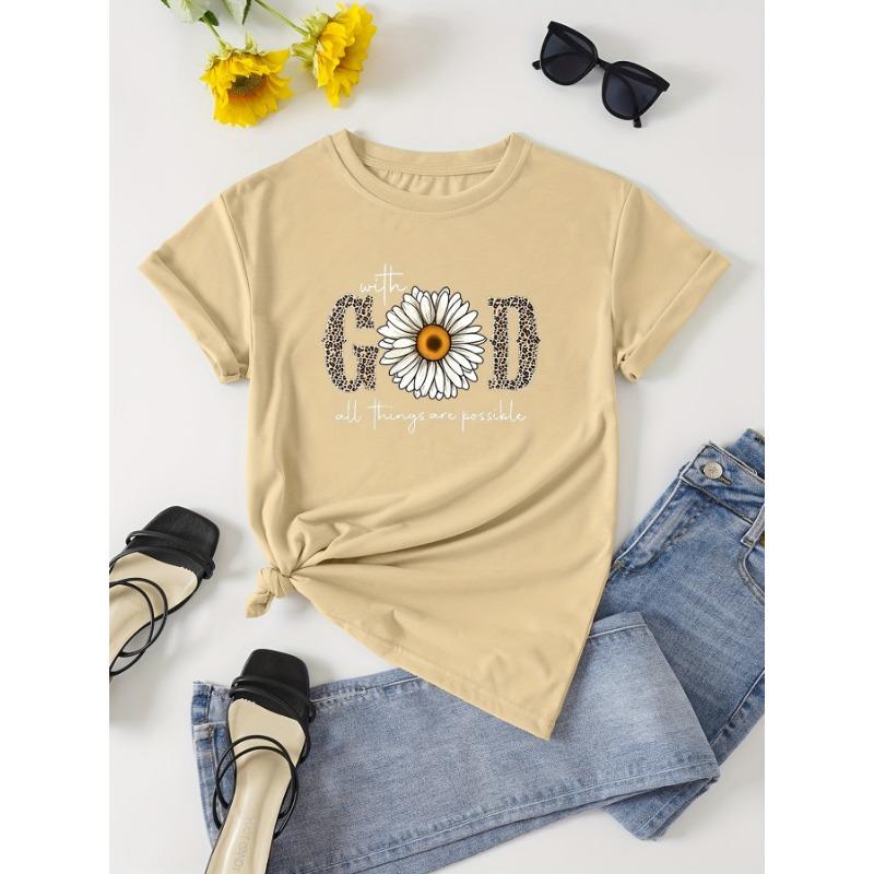Round Neck Short-sleeved T-shirt with Lettering and Floral Patterns, Suitable for Casual Women's Wear in Spring and Summer
