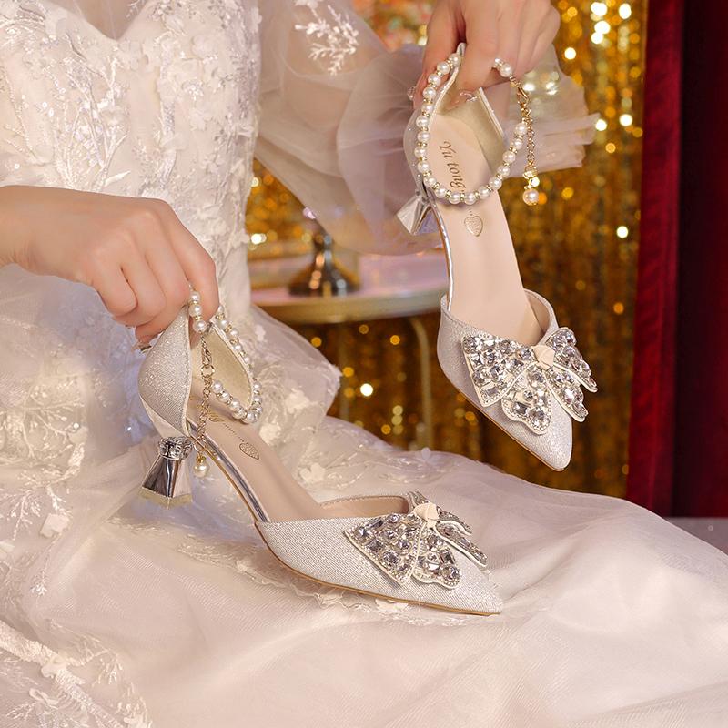 Women Sandals Summer Pointed Toe Sandals Women Rhinestone Pearl Butterfly High Heels Party Wedding Plus Size Shoes Women