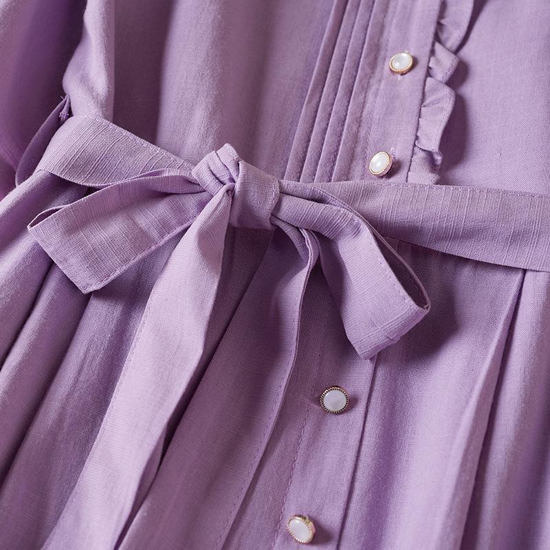 2025 summer new retro cotton and linen medium-sleeved dress women's lace-up waist thin solid color medium-length dress women