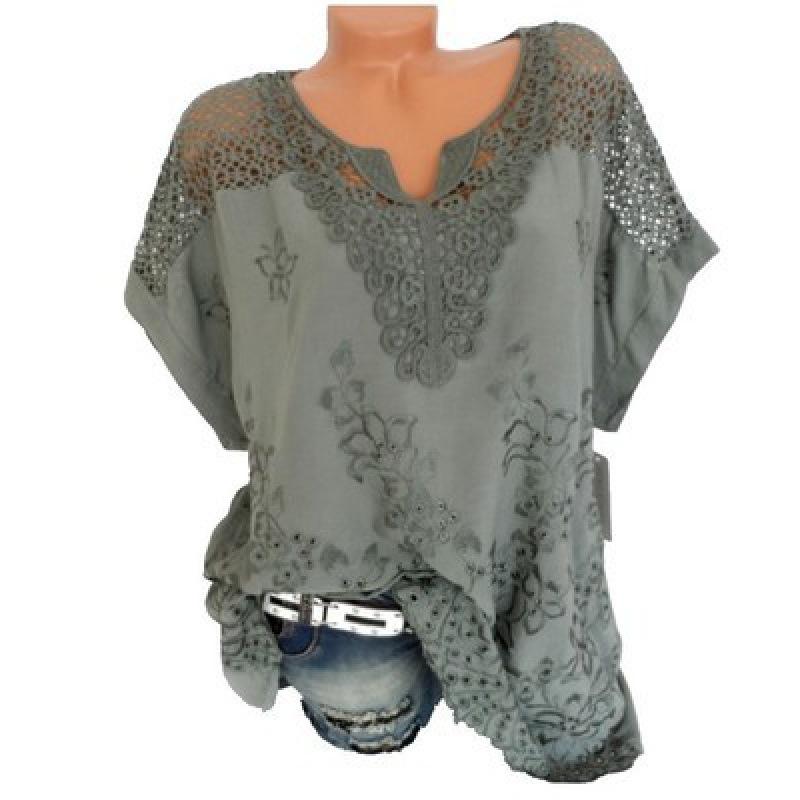 Lace Embroidered Batwing Sleeve Blouse V-neck Short-sleeved Women's Shirts