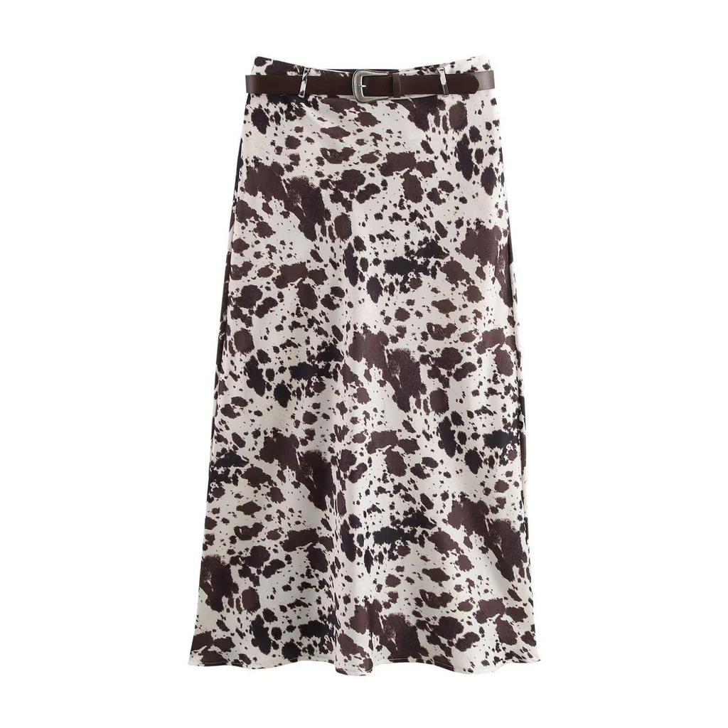 2025 Spring Slim High-Waisted Belted Animal Print Midi Skirt for Women - Sexy & Sophisticated
