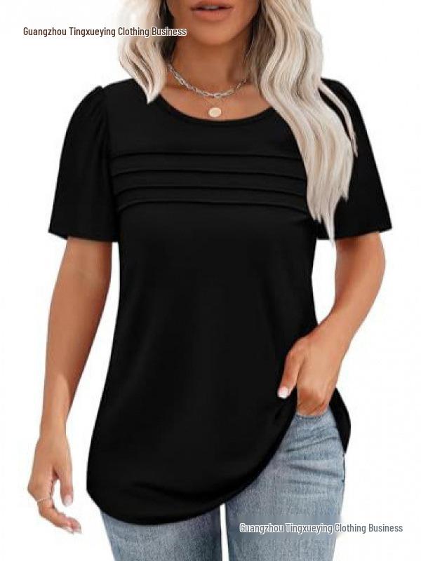 Women's Casual Pleated Loose T-shirt, Round Neck, Short Sleeve, Summer 2026 Collection