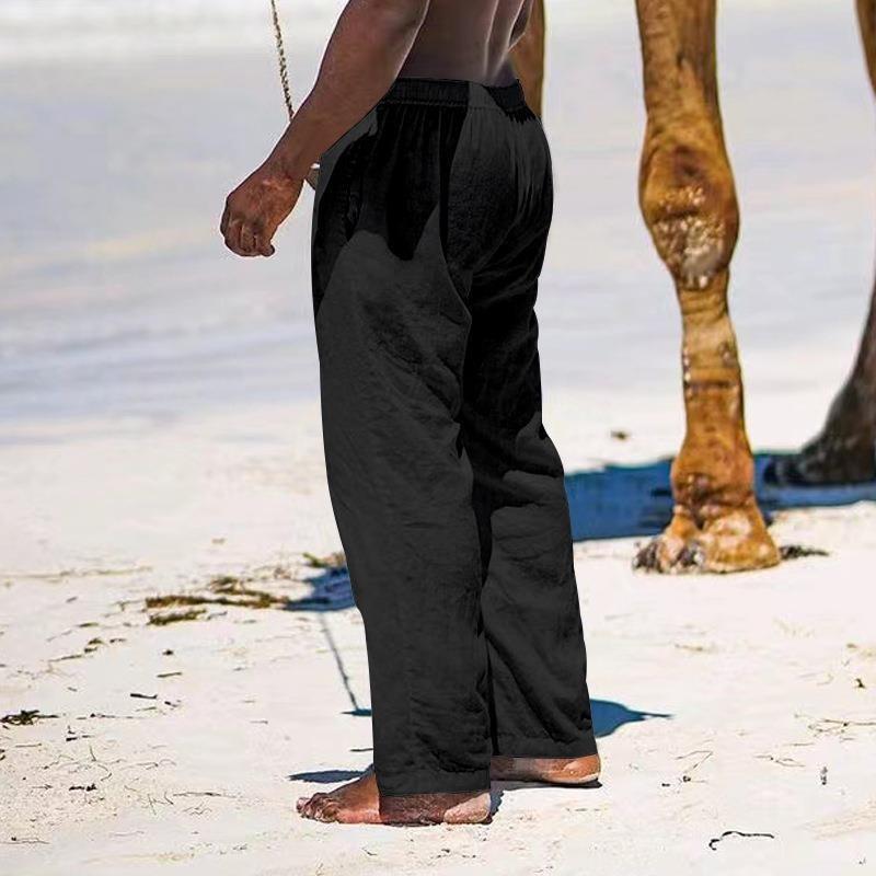 Sommer pustende linbukser for menn Lett yoga strand bomull lin ensfargede bukser løs Uformell