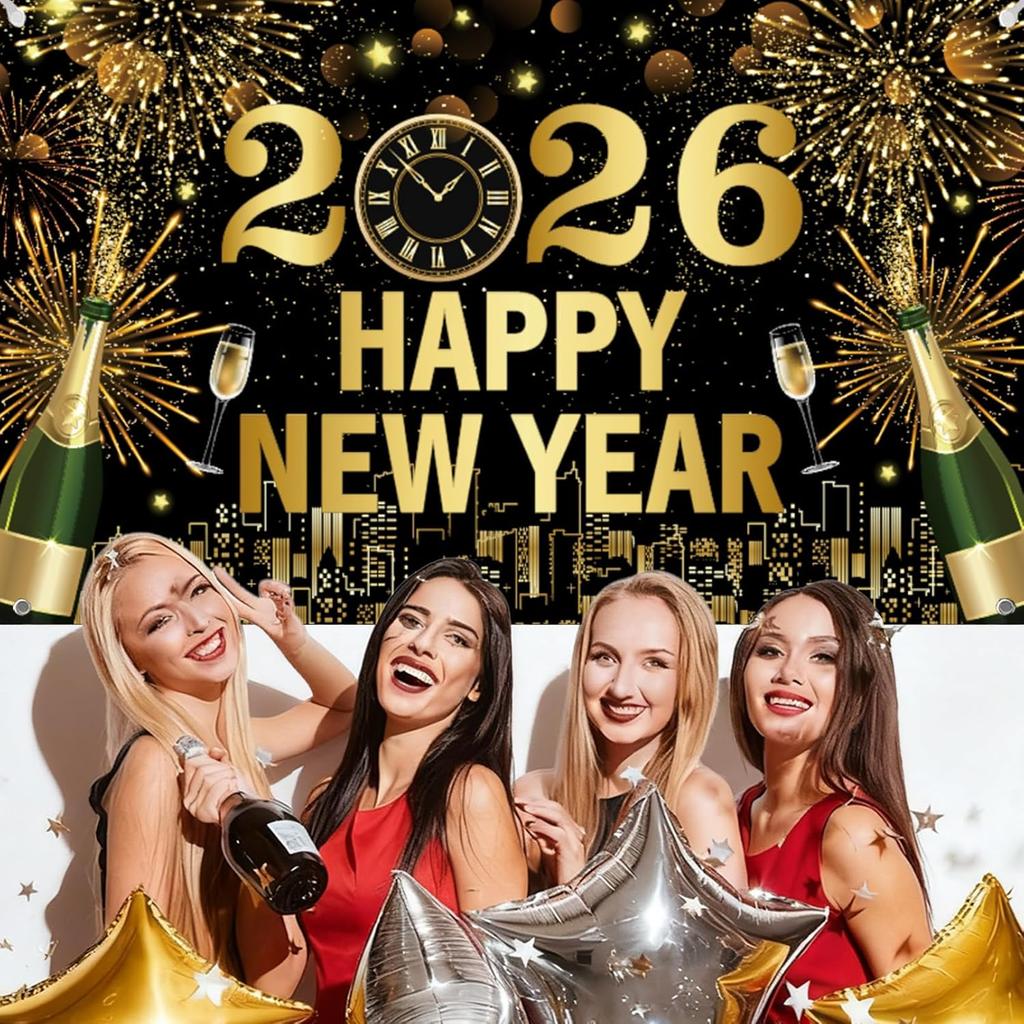 2026 Happy New Year Banner 5.9×3.6Ft Black and Gold 2026 New Year Backdrop for Eve Party Decorations Supplies Large Photo Backdrop Wall Decorations
