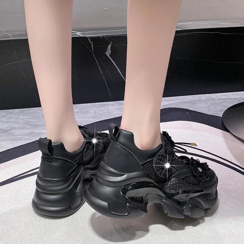 7.5CM Heels Women Thick Bottom Wedge Sneakers Embroider Hollow Out Gladiator Breathable Summer Shoes Woman Bling Chunky Sandals