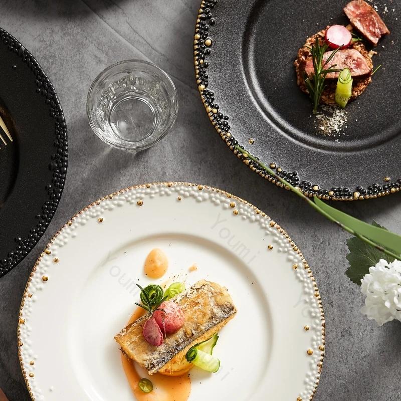 Golden Edged Ceramic Plate Creative Circular Steak Pasta Plate Delicious Dishes Dining Plates Exquisite Household Tableware