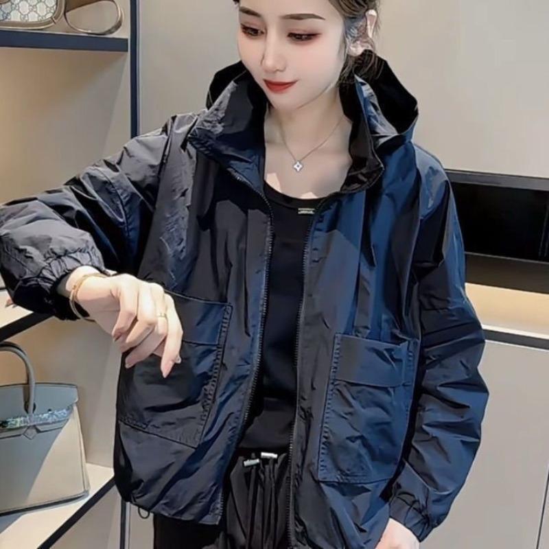 Trendy Women Windbreaker Jacket Spring Autumn Loose Fit Hooded Zip Up Outerwear Casual Top