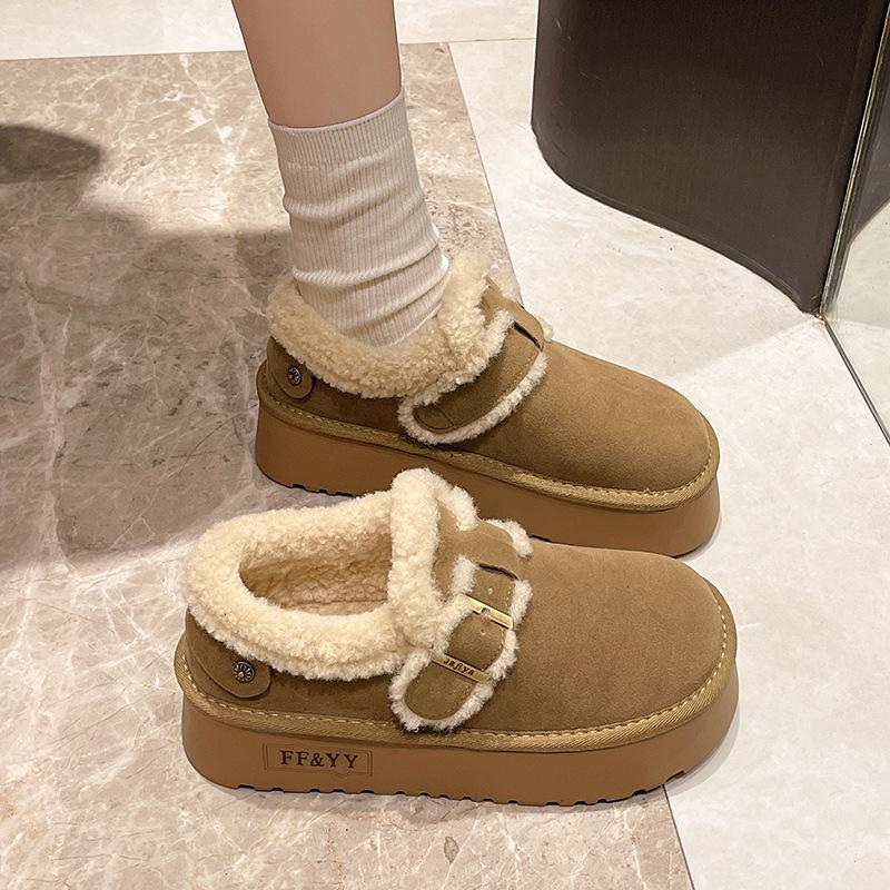 Women's Belt Buckle Fashion Lightweight Soft Sole Winter Warm Fur One Snow Boots Padded Lined Non-slip Casual Sports Cotton Boots Fur Shoes