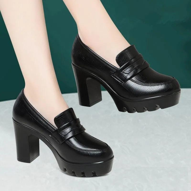 Middle-aged and Elderly Cheongsam Model Catwalk Shoes Waterproof Table 8cm Large Thick Heel High Heel Women's Shoes Thick Sole Soft Leather Rou