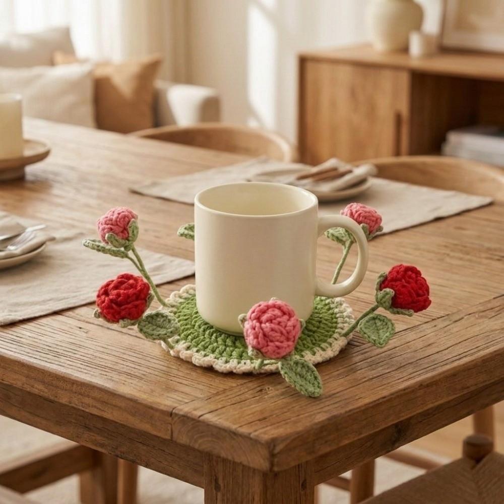 Round Flower Coaster Cotton Yarn Knitted Floral Mat Practical 3D Floral Cup Mat  Coffee Table Decor
