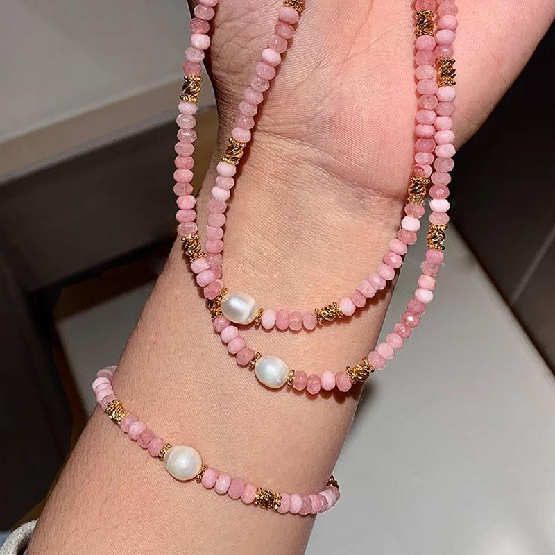 New Arrival Trendy Pink Crystal & Natural Freshwater Pearl 14K Gold Filled Female Set For Women Necklace Bracelet Gifts