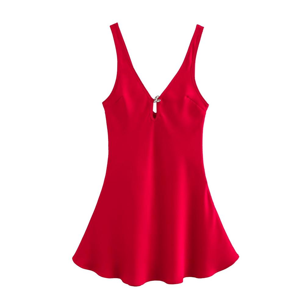 

2025 Spring Women s Slim Heart-Embellished Silk Satin Dress Large красный