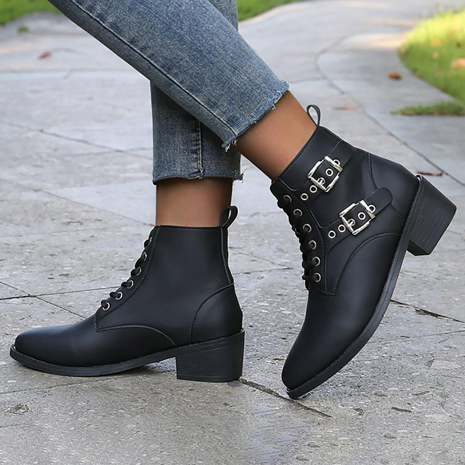 Ladies And Winter Solid Color Versatile Chunky Heel Large Belt Low Barrel Short Boots Women Boots Low Heel 39 чёрный