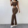 VEZFAA Women's Fashion Casual Summer Spring Solid Color Print Short Sleeve One Shoulder Trousers Pants Suits