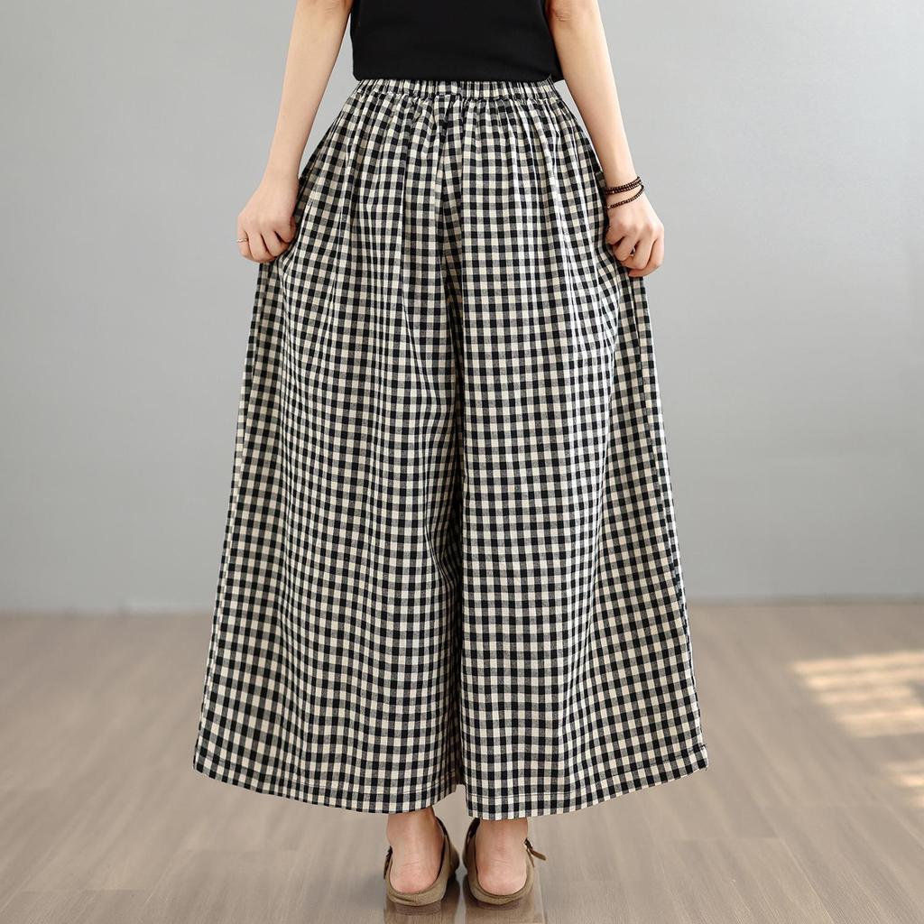 DIMANAF 2026 Summer Beach Plus Size Long Pants Women Elastic Waist Loose Vintage Casual Trousers Pants Print Plaid Bottoms