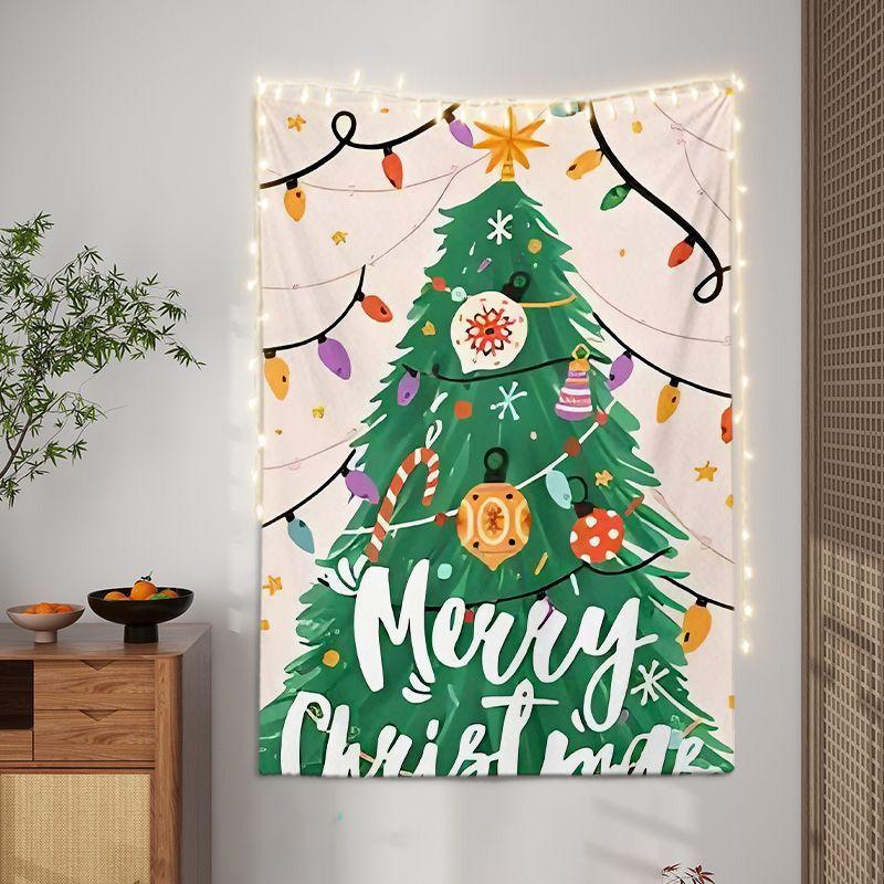 Cartoon Christmas Town Animal Wall Tapestry Santa Snowman Reindeer Gingerbread Tree Gift Merry Text Cute Holiday Home