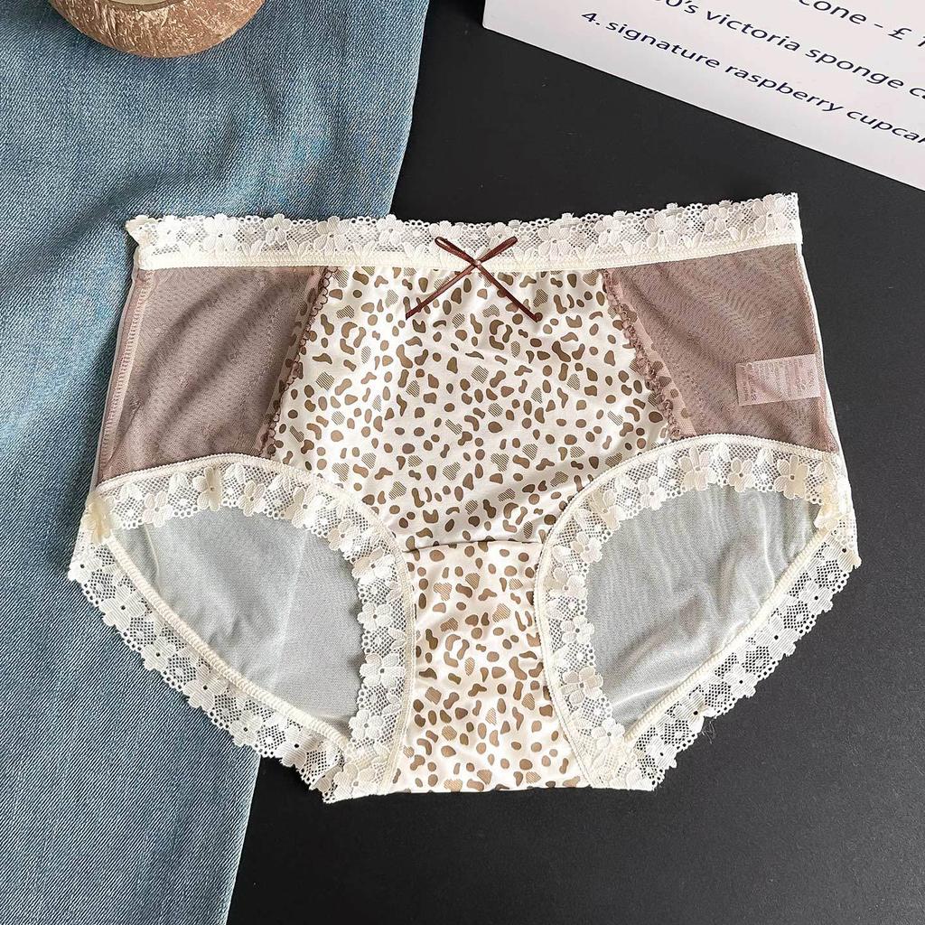 Lady Summer New Sexy Lace Leopard Print Net Gauze Pure Desire Perspective Middle Waist Triangle Briefs