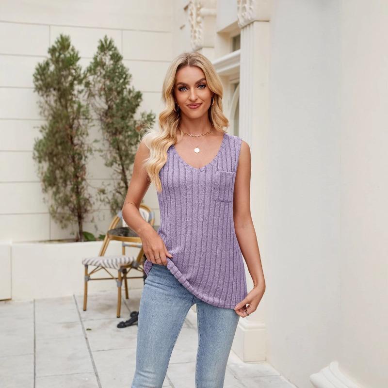 IHUASU Women's Fashion Casual Solid Color Print Sleeveless V Neck Blouses & Shirts