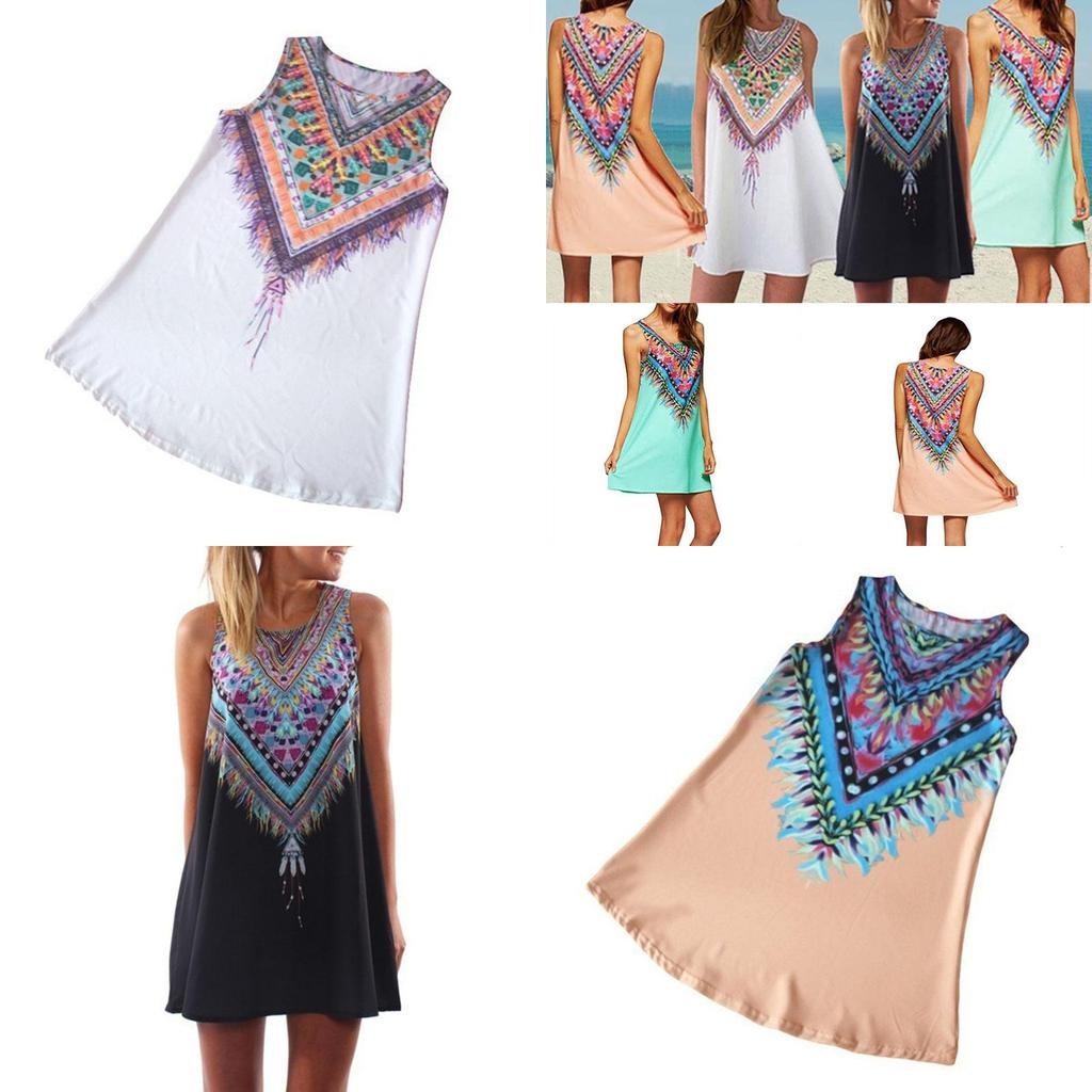 Dresses Women Loose Sleeveless Mini Dress Vintage Hippie Beachwear Boho Pritned